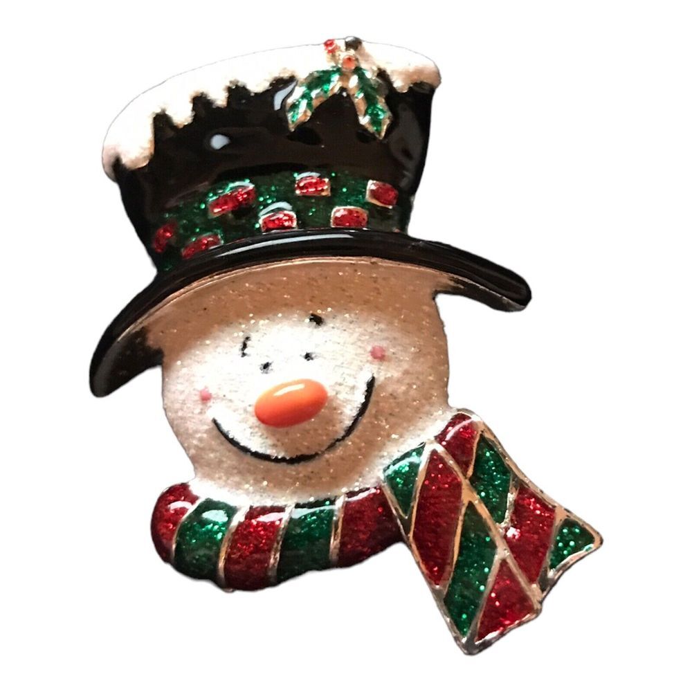 Danecraft Winter Snowman with Red and Green Enamel Glittery Snow‎ Brooch Pin 2"